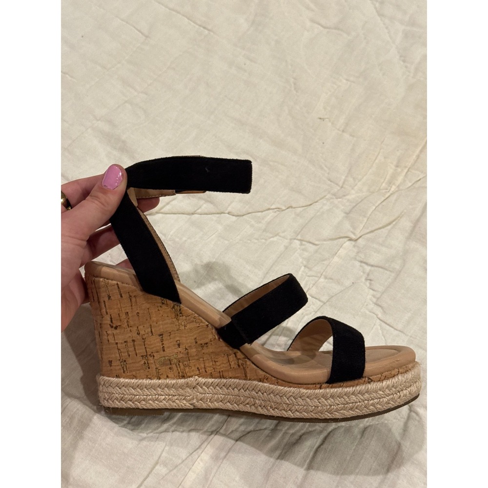 ZBY‎ Womens Black Faux Suede Cork Espadrille Wedge Sandals Ankle Strap Size 7